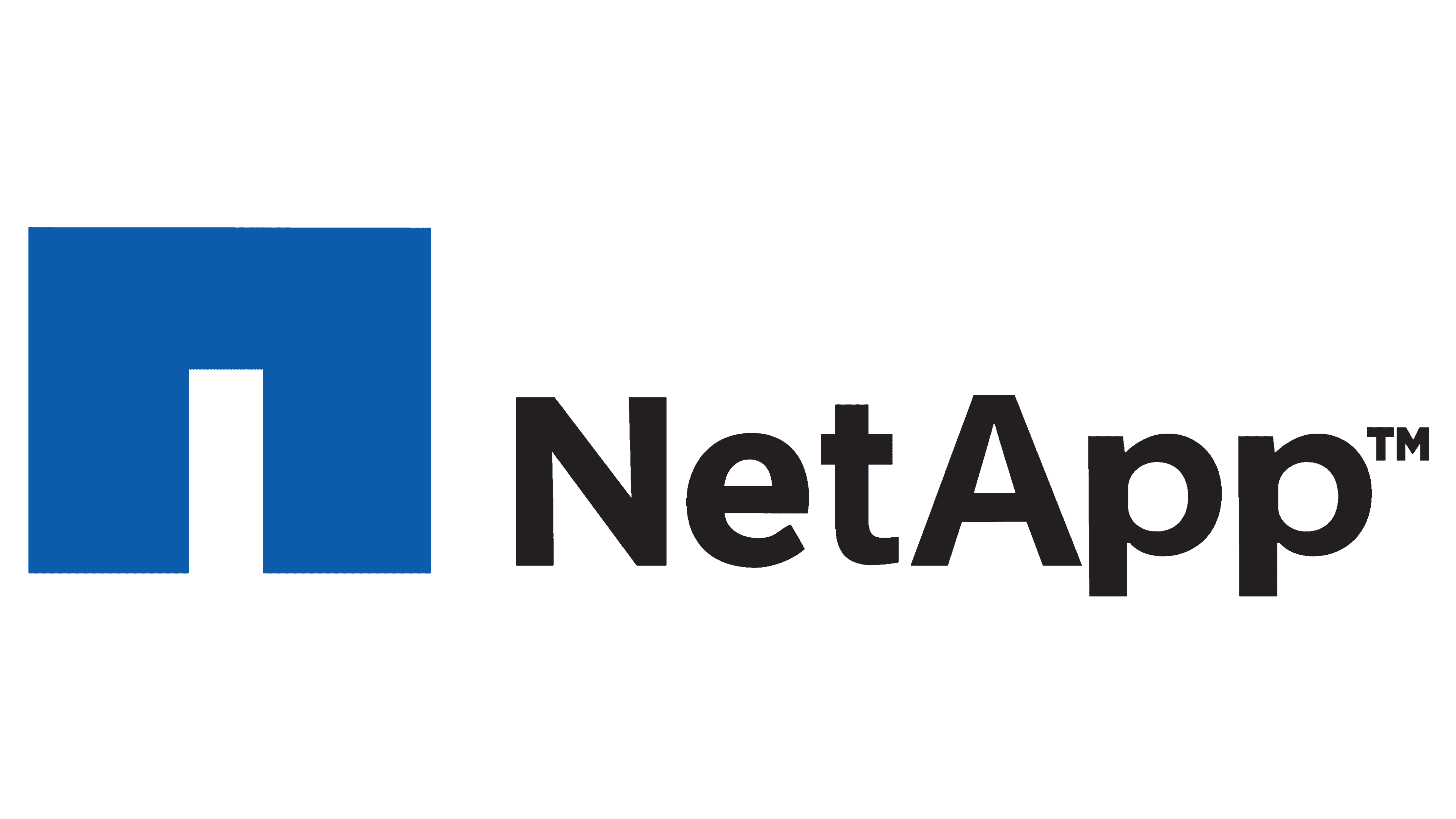Logo representing NetApp, featuring a blue square with a white arch above the text "NetApp."