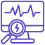Icon showing continuous monitoring, featuring a magnifying glass over a computer screen with a line graph.