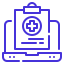 Icon representing healthcare information, featuring a document with a medical cross and information lines.