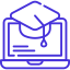 Icon representing interactive learning modules, featuring a computer screen with educational symbols like a book, gears, and a graduation cap.