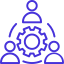 Icon depicting a group of people and a gear, symbolizing the organization and management of staff.