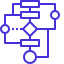 An icon of a gear and circuit lines, symbolizing algorithms, displayed in white against a dark blue background.