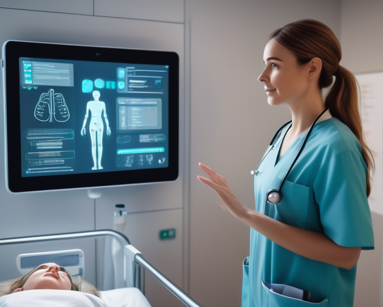 A doctor interacts with an AI chatbot on a touchscreen in a hospital room with an attentive patient.
