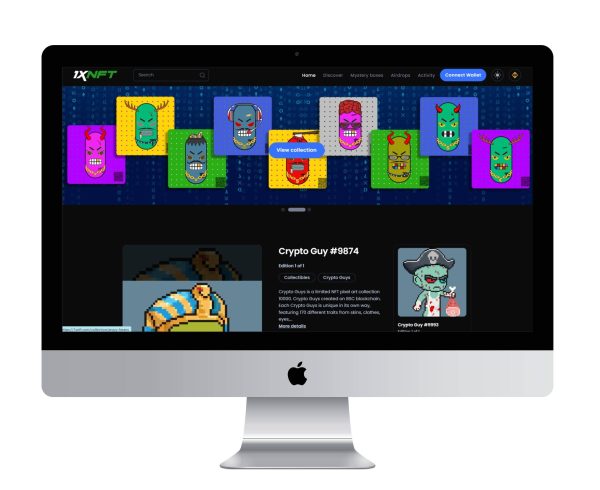A portfolio image showcasing the 1xNFT website, featuring vibrant digital art and user-friendly navigation.