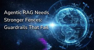 A digital illustration set in outer space featuring a glowing blue network globe surrounded by orbiting satellites. To the left, large white text reads: "Agentic RAG Needs Stronger Fences: Guardrails That Fail