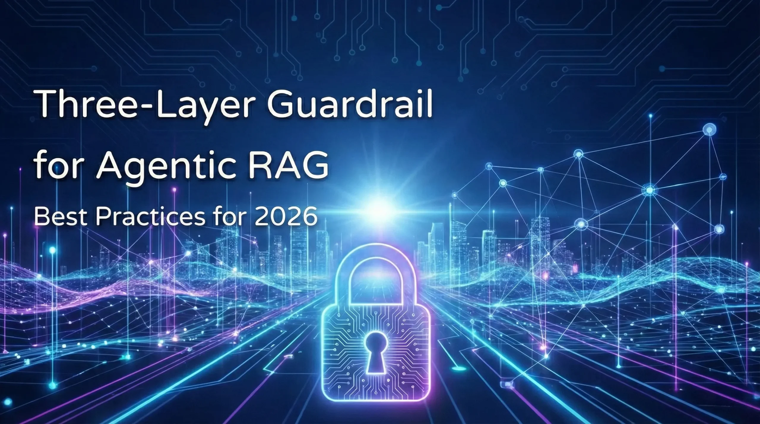 Digital illustration with white text "Three-Layer Guardrail for Agentic RAG" and "Best Practices for 2026". Below the text is a glowing blue and purple circuit-board padlock icon, set against a futuristic blue cityscape with data streams and network connections.