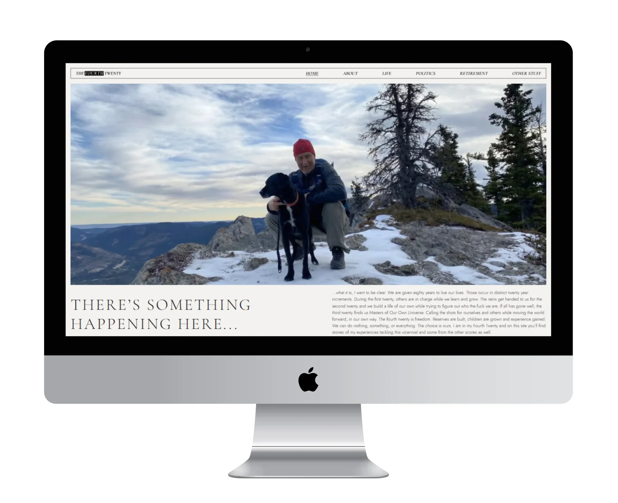 Website screenshot of The Fourth Twenty blog showing a man in a red hat with a black dog on a snowy mountain summit.