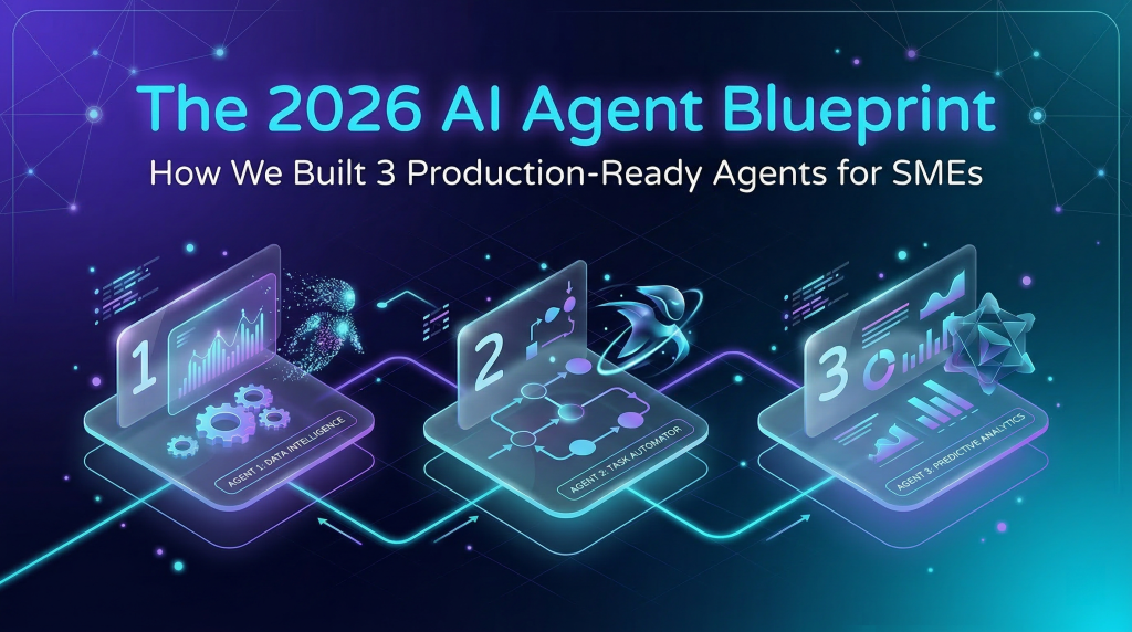 An isometric tech infographic slide titled 'The 2026 AI Agent Blueprint: How We Built 3 Production-Ready Agents for SMEs'. The graphic shows three glowing, numbered glass panels with data icons. Panel 1 (left, red-hued) is 'AI DATA GATHERER', panel 2 (center, orange-hued) is 'AI TASK AUTOMATOR', and panel 3 (right, blue-hued) is 'AI PREDICITIVE ANALYTICS'. They are connected by purple and teal neon-like lines on a dark, networked background.