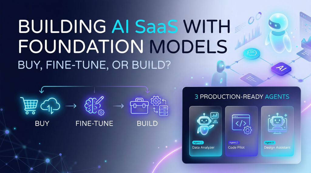 A high-tech SaaS blog featured image showing a dark background with neon purple and cyan accents. The text reads Building AI SaaS with Foundation Models. Below the title, a workflow diagram illustrates three options: Buy, Fine-Tune, and Build. On the right, a glassmorphism card displays three production-ready agent modules with glowing icons for a data analyzer, code pilot, and design assistant.