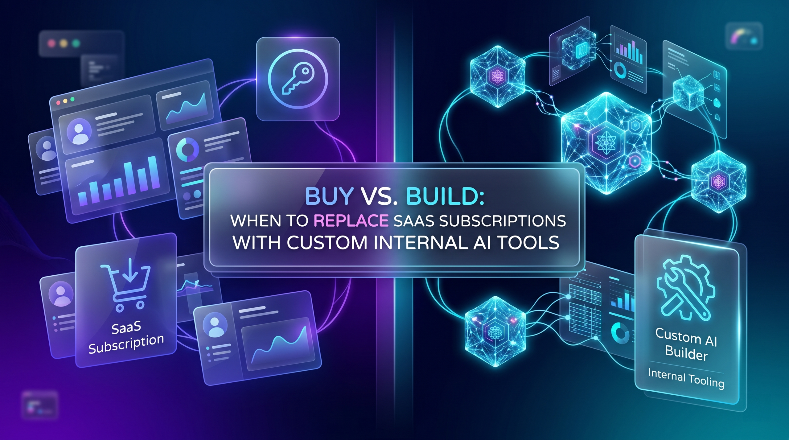 A dual-panel infographic comparing "Buy" vs. Build" options for enterprise software. The left side, representing "Buy," shows standard SaaS analytics dashboards and a key icon in glowing purple hues. The right side, representing "Build," features complex cyan geometric data nodes with integrated logic, symbolizing custom internal AI tools.