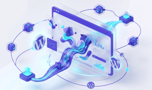 Premium 3D isometric illustration of a digital user interface with fluid purple and cyan motion graphics ribbons flowing through a translucent frosted glass screen, surrounded by floating node networks and subtle WordPress branding on a soft white background.