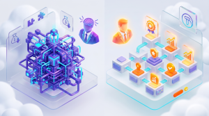 3D isometric illustration of a complex purple AI network transitioning to a structured cyan and glassmorphism outcome workflow, featuring the Techwink logo.