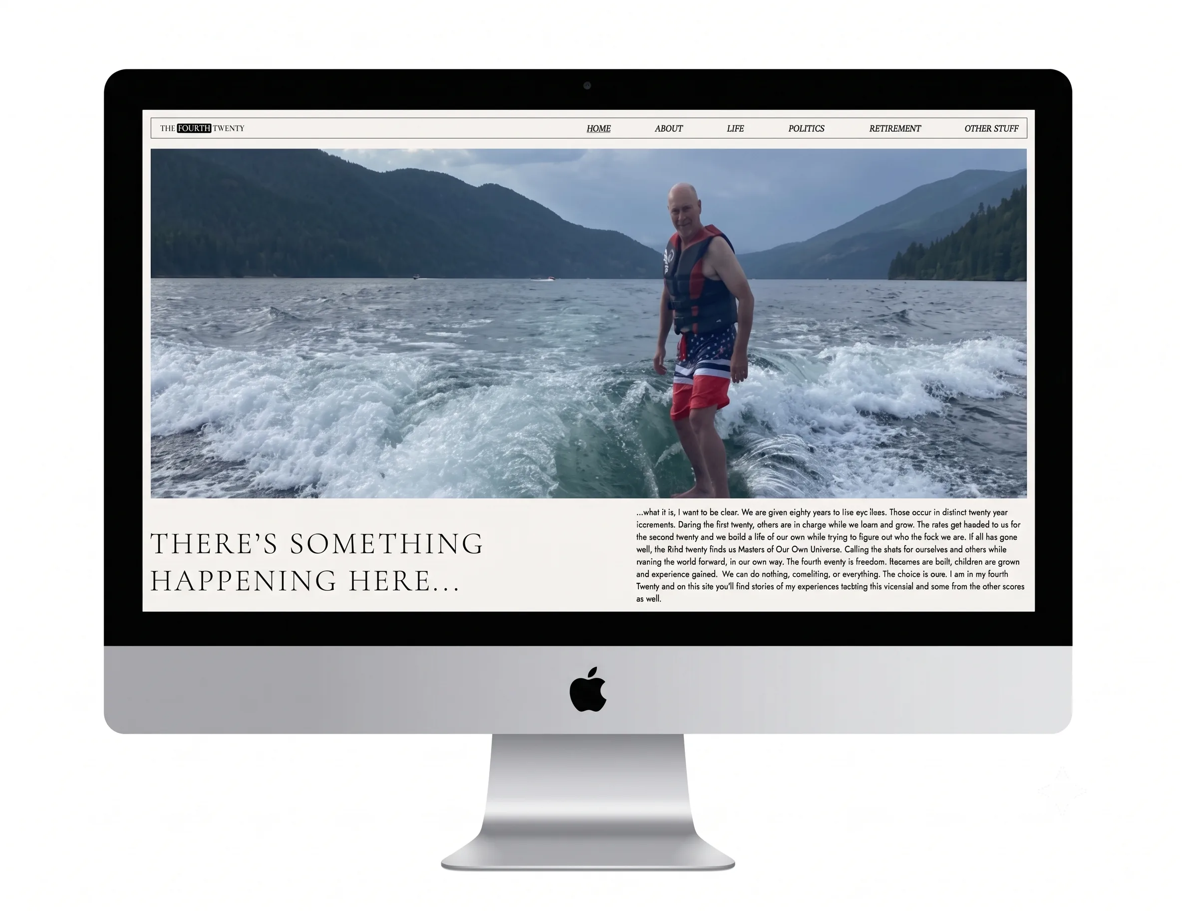 A man in a life vest stands on a wakeboard on a lake in a screenshot from the "THE FOURTH TWENTY" website.