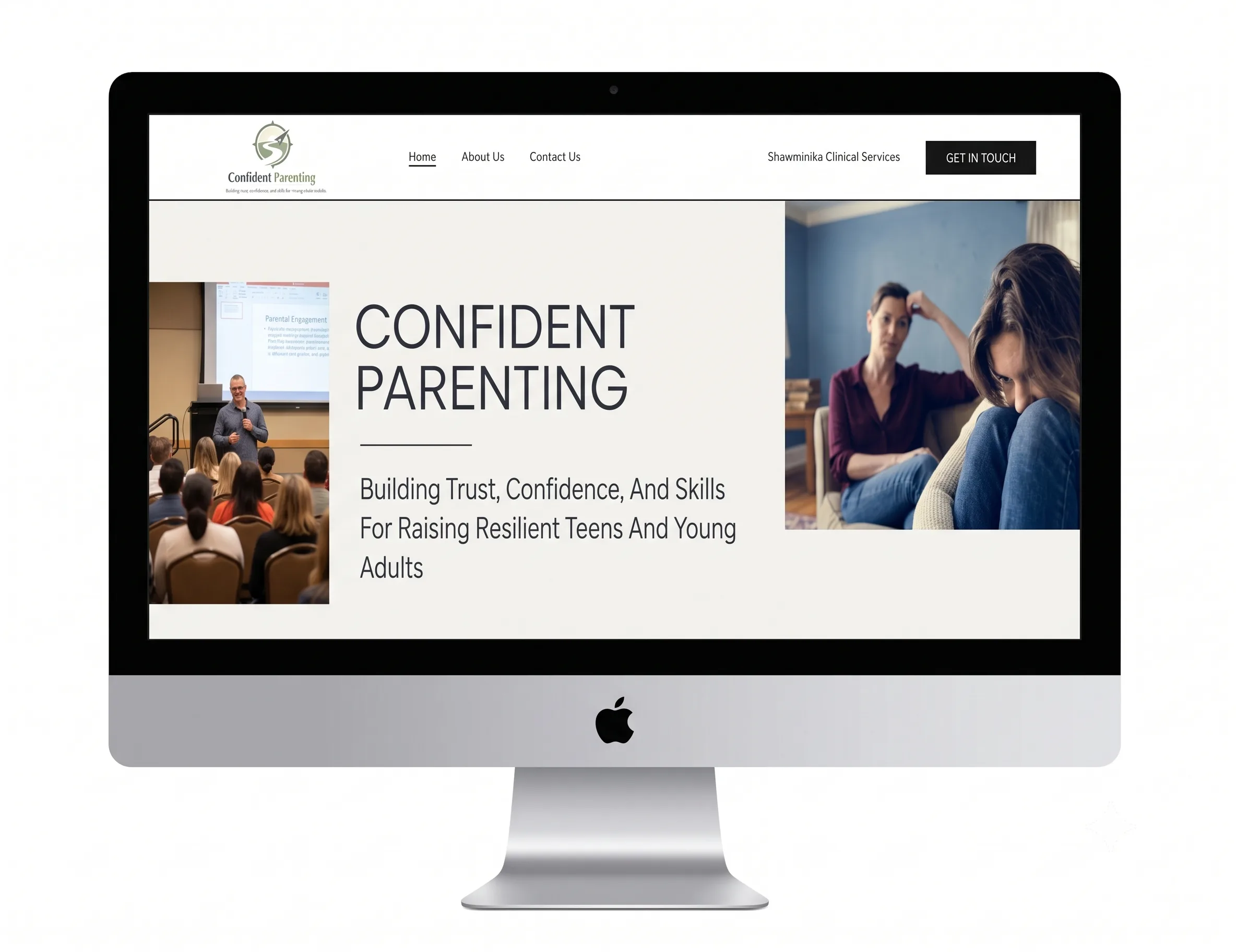 A desktop computer mock-up displaying the homepage of the Confident Parenting website, showcasing headline text, a navigation menu, and photos of family coaching sessions.