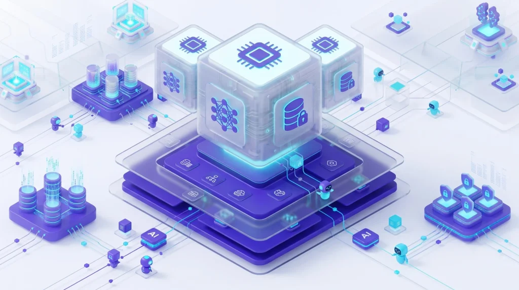 3D isometric rendering of a central AI processing cube surrounded by enterprise data security and cloud architecture layers.