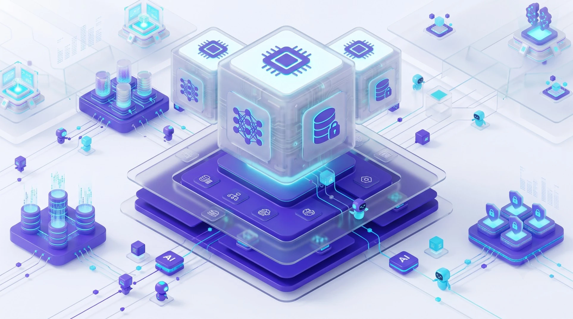 3D isometric rendering of a central AI processing cube surrounded by enterprise data security and cloud architecture layers.