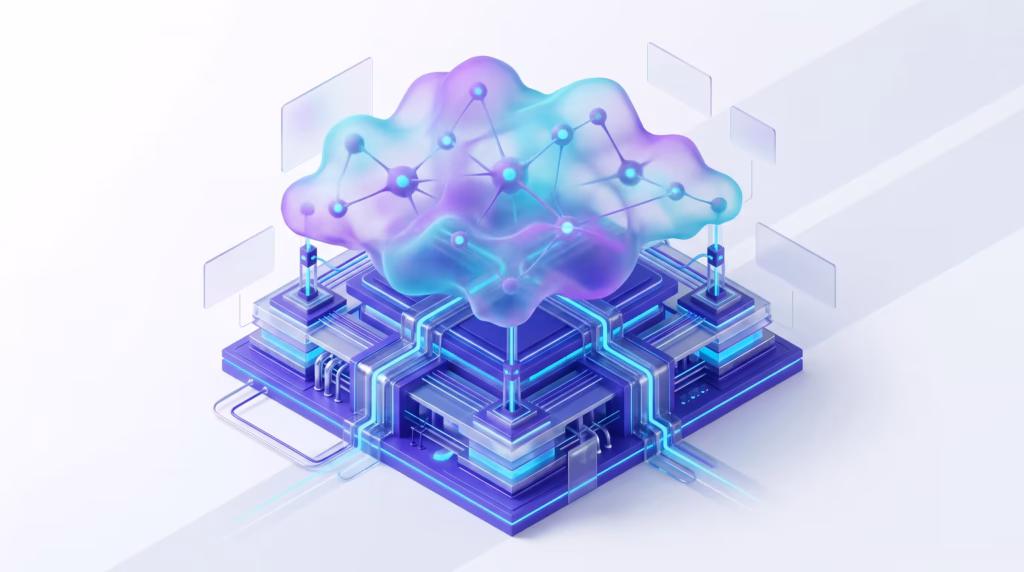 Isometric 3D rendering of a structured purple API platform supporting an abstract neural network cloud.