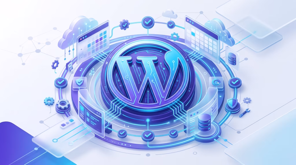3D isometric illustration of a glowing purple and cyan WordPress emblem surrounded by translucent calendar panels, security shields, and system checkmarks on a clean white background.